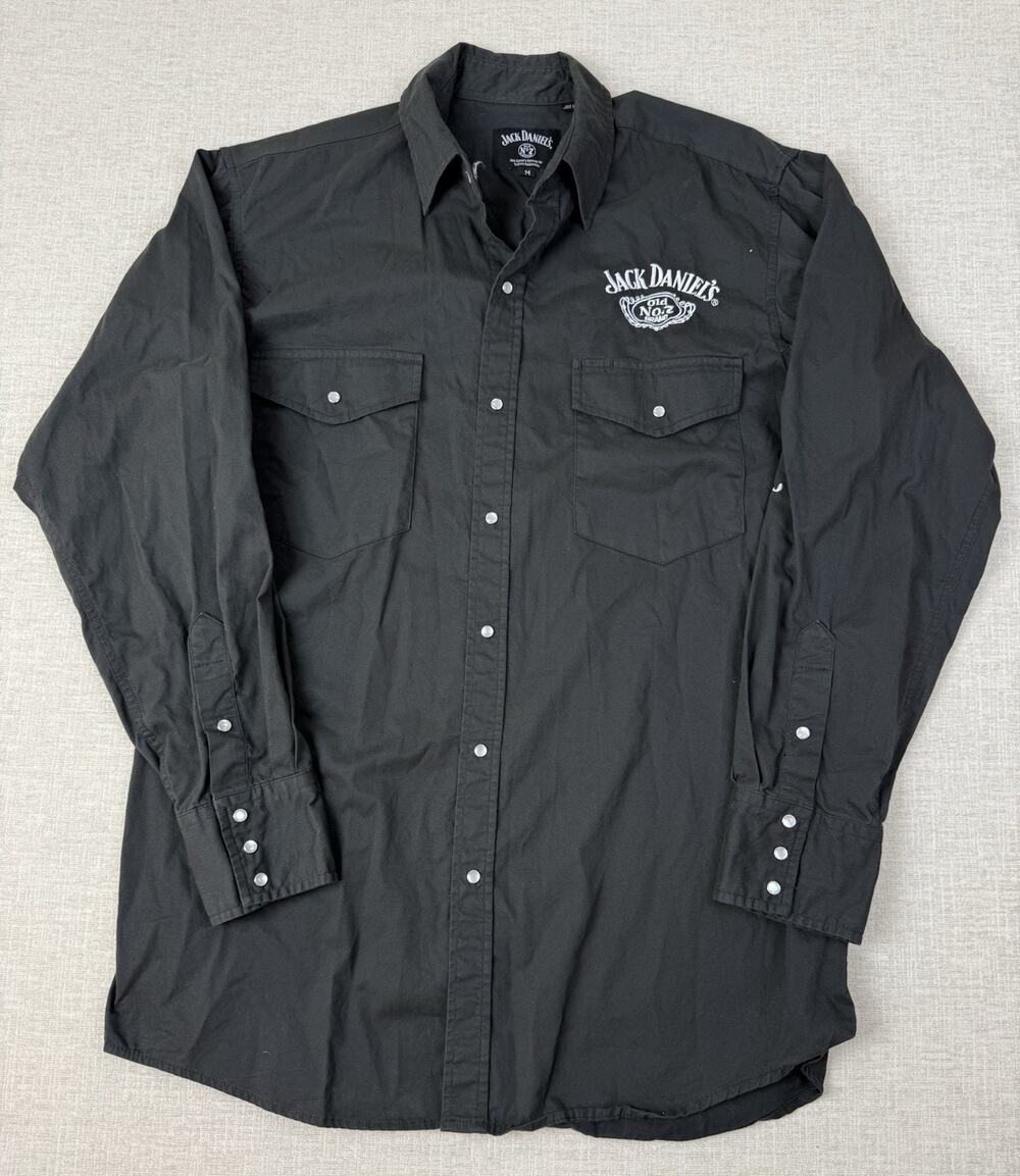 Jack Daniels Shirt Medium Mens Black Long Sleeve Pearl Snap Western